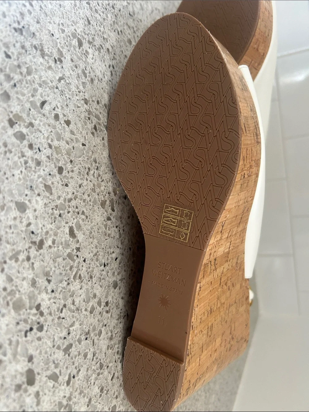 Stuart Weitzman White Patent Leather Cork Slingback Wedges